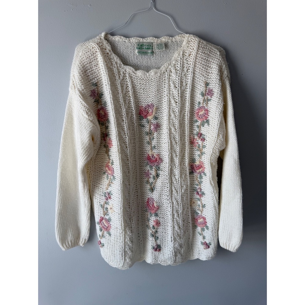 Colleens Collectables Vintage Hand Knitted Floral Cable Knit Sweater Cream L